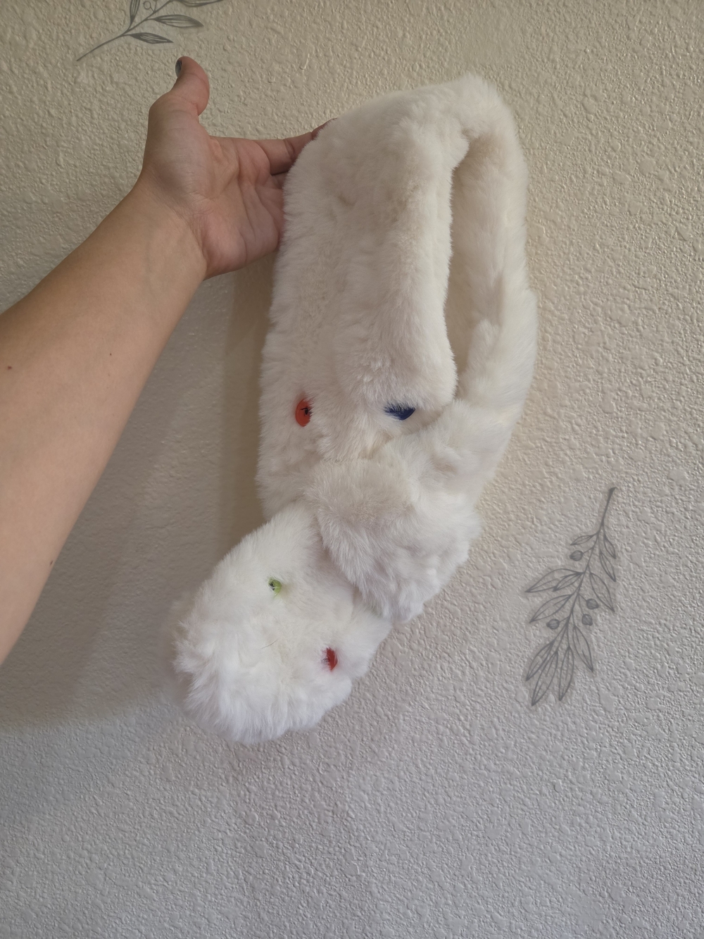 Halara White Faux Fur Scarf with Colorful Buttons